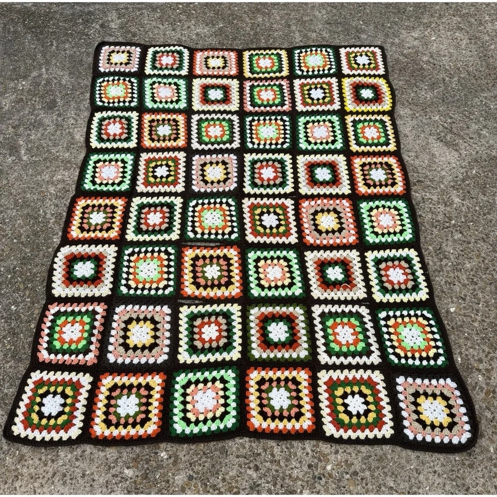 Grannycore Knit Vintage Handmade Square Crochet Throw Blanket